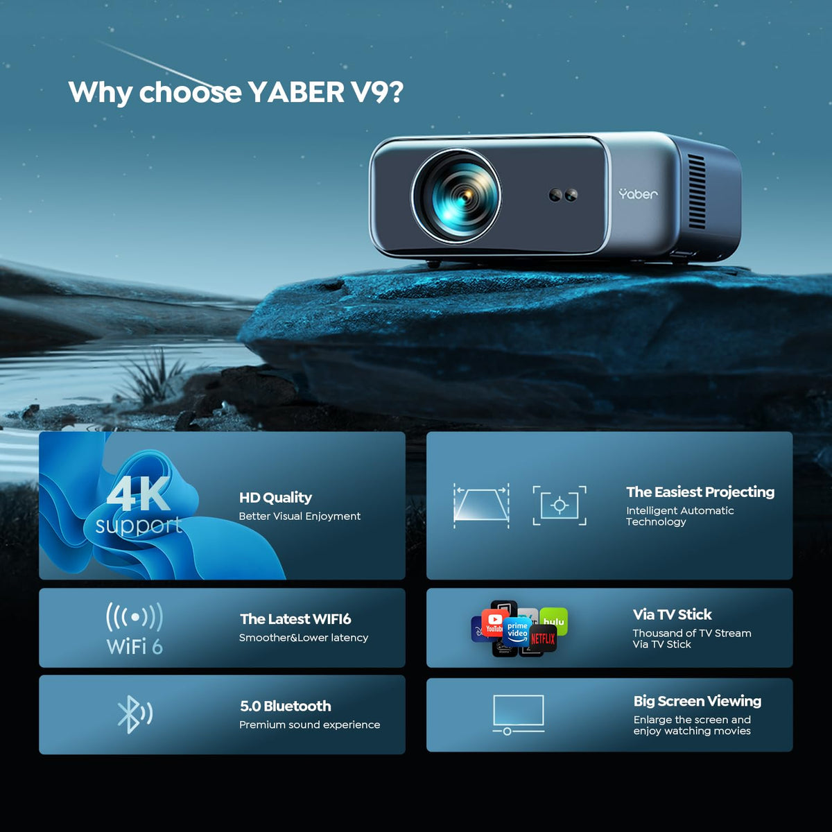 YABER Pro V9 auto-focus and 6D keystone delivering crisp image with minimal setup