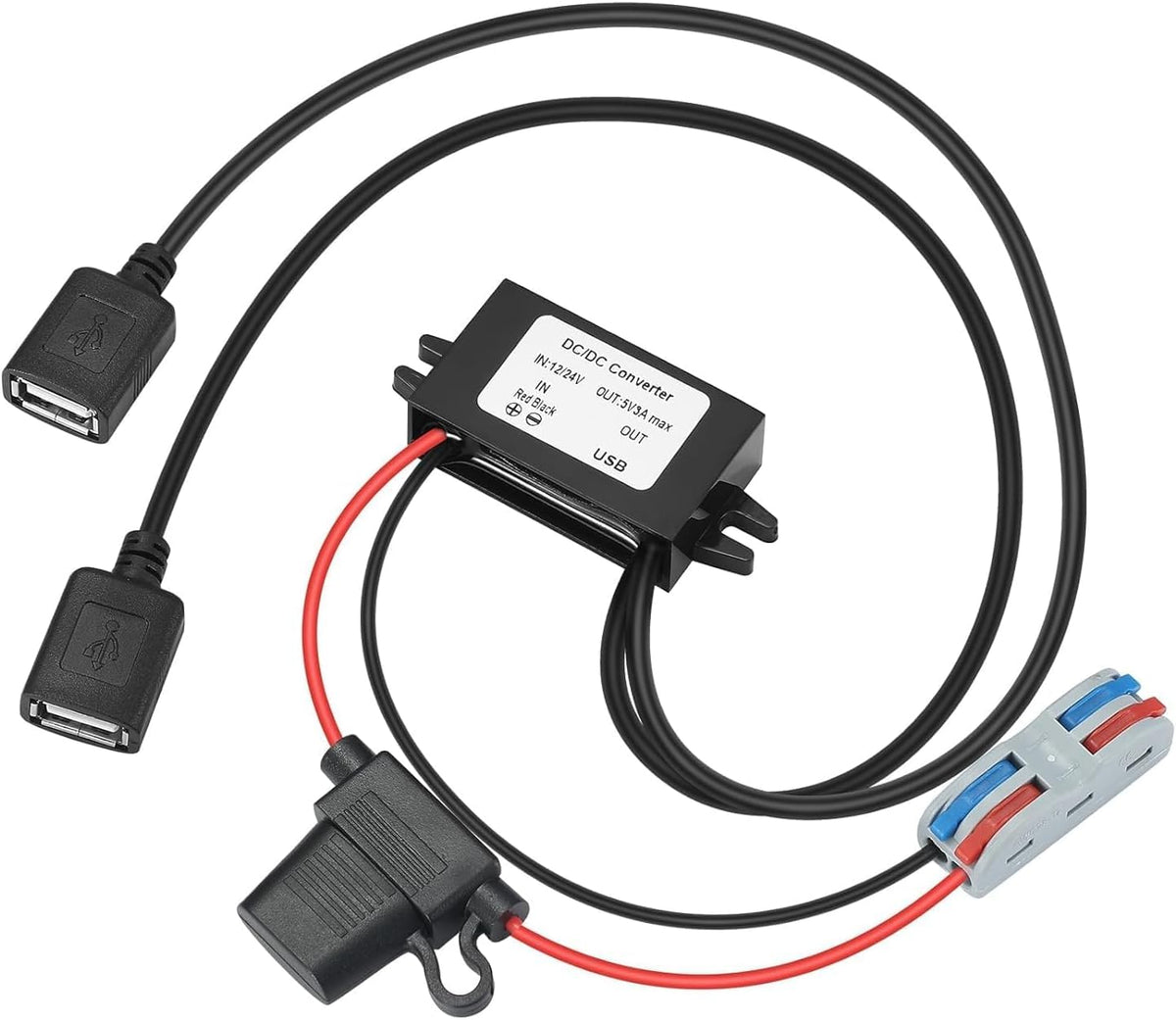 YABOANG dual USB step-down converter with rugged metal housing for vehicle use.