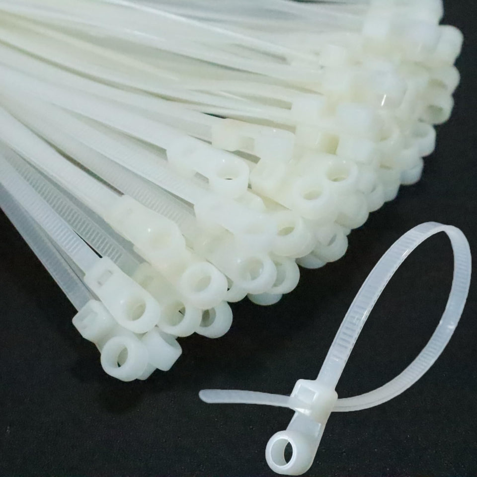 YaCowen 8-inch screw-hole cable tie in white for secure outdoor mounting.