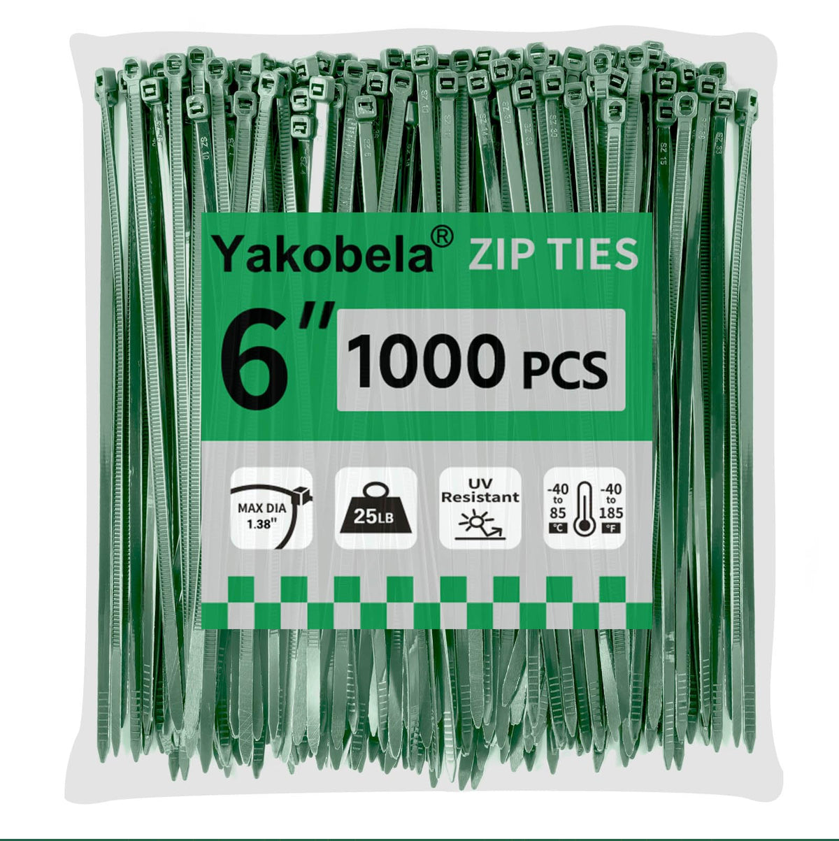Yakobela green zip ties 6-inch for cable management and garden support.