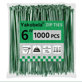 Yakobela green zip ties 6-inch for cable management and garden support.