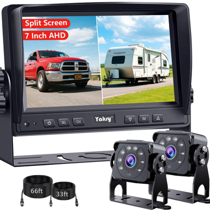 Yakry dual RV backup camera with 7-inch split-screen for clear rear and front views