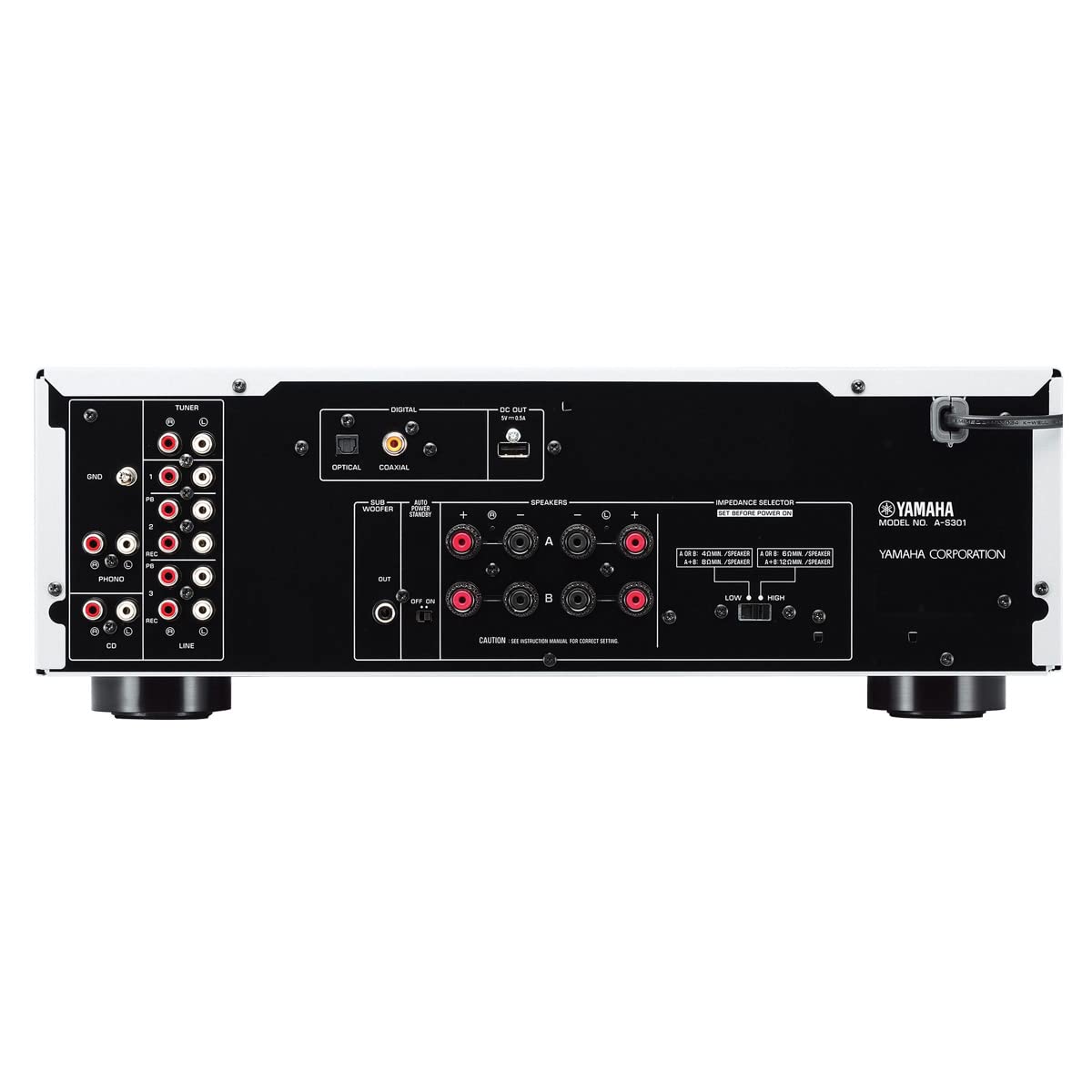 Yamaha A-S301BL connectivity panel highlights multiple input options for flexible setup.