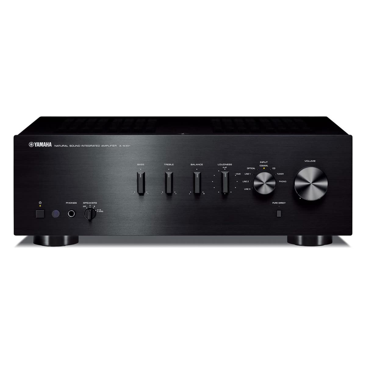 Yamaha A-S301BL front view showcases sleek black finish and accessible controls for rich stereo listening.