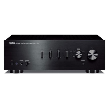 Yamaha A-S301BL front view showcases sleek black finish and accessible controls for rich stereo listening.