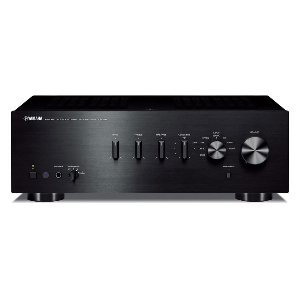 Yamaha A-S301BL front view showcases sleek black finish and accessible controls for rich stereo listening.