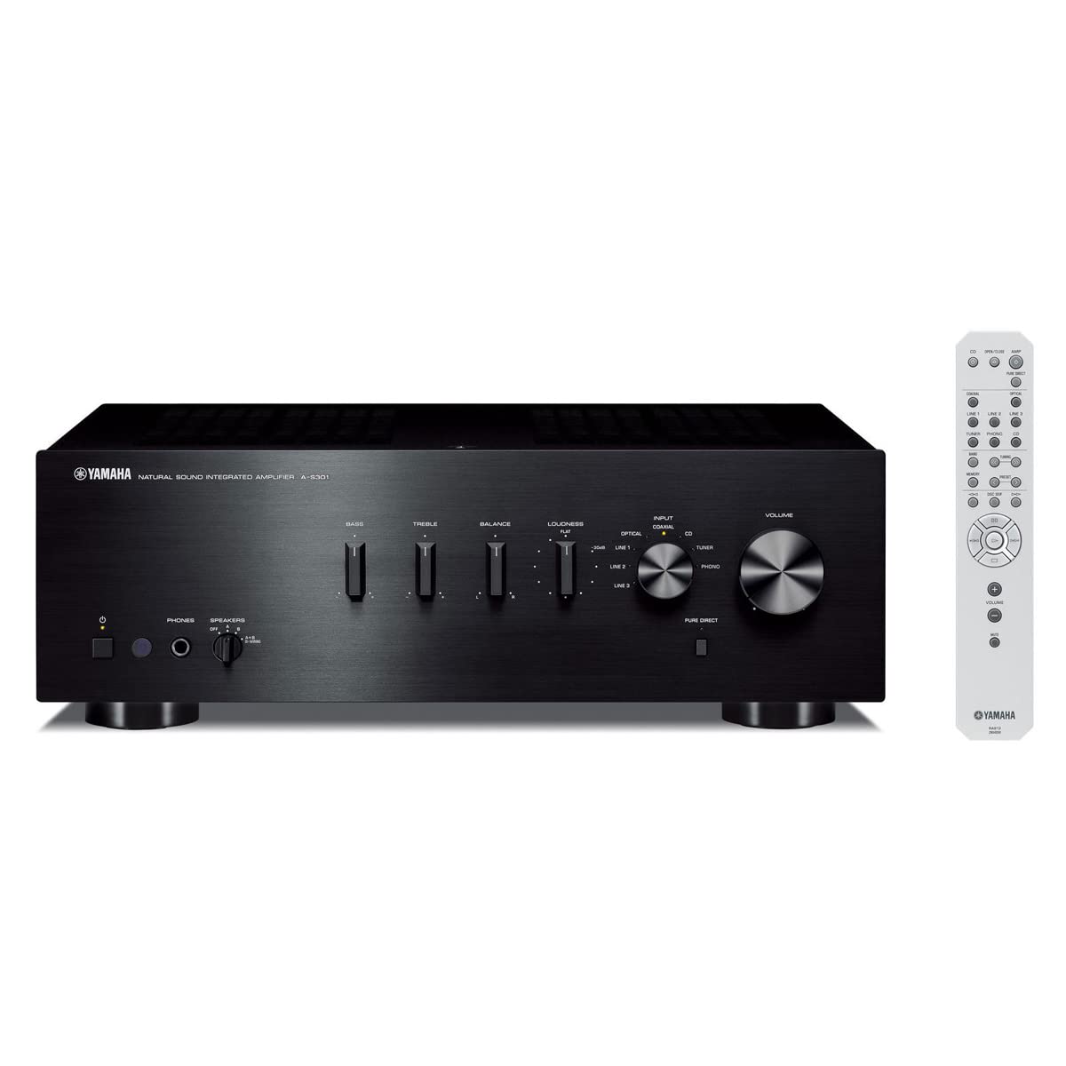 Yamaha A-S301BL rear panel with digital/analog inputs enables versatile connections.