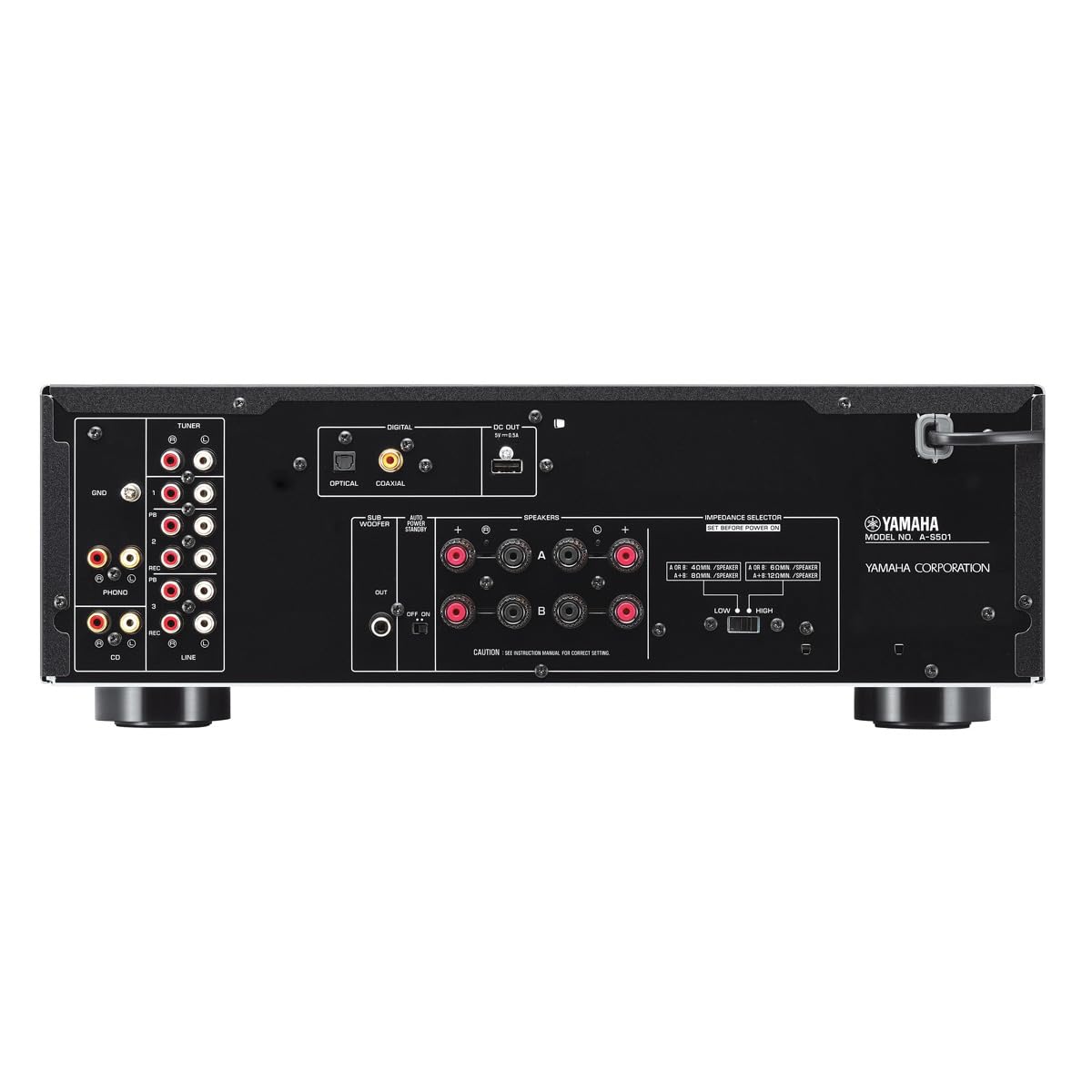 Yamaha A-S501BL back panel with digital and analog inputs for versatile connections