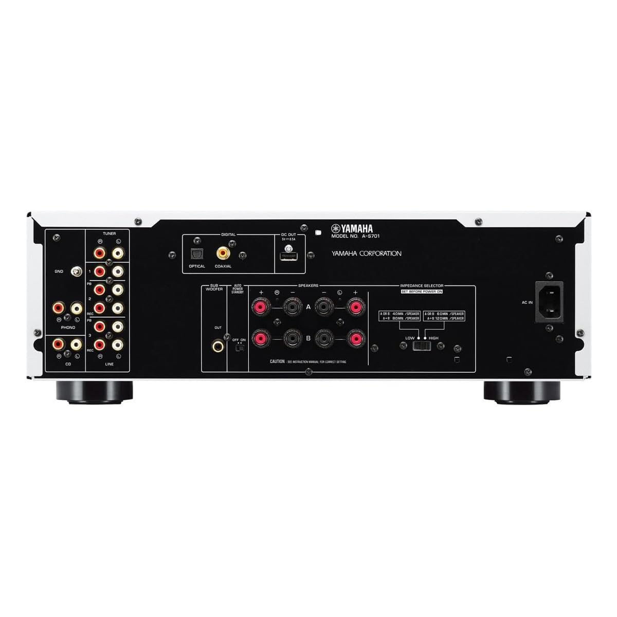 Yamaha A-S701BL rear panel highlighting digital inputs for versatile connections.