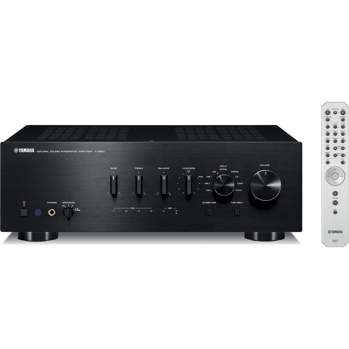 Yamaha A-S801 black front view showing premium build for high-fidelity listening.