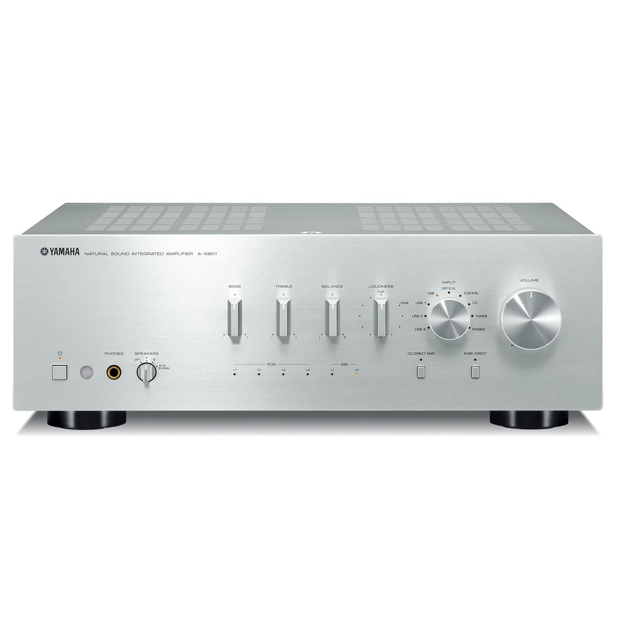 Yamaha A-S801SL front view highlighting natural sound and clean control layout.