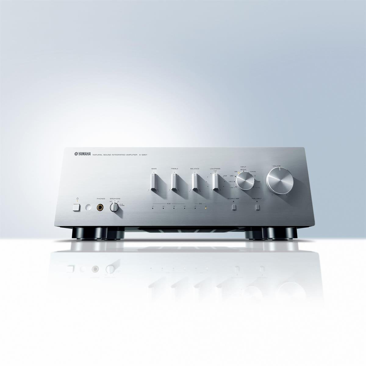 Yamaha A-S801SL silver faceplate and control knobs designed for precise tuning and aesthetics.