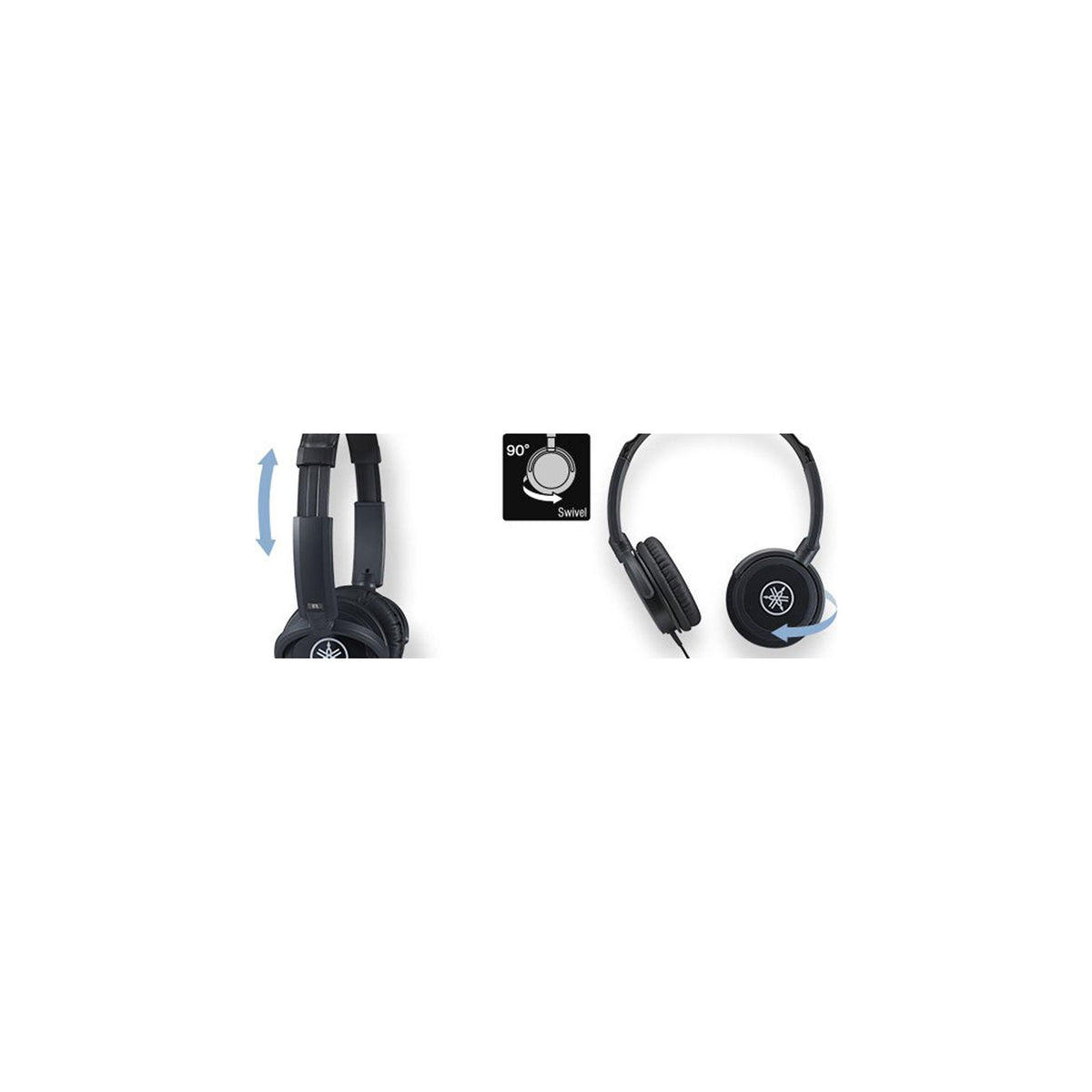 Yamaha HPH-100 swivel earcup close-up highlighting 90-degree rotation for single-ear monitoring