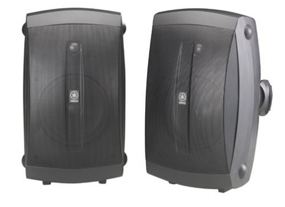 Yamaha NS-AW350B outdoor pair on a deck for weather-ready listening.