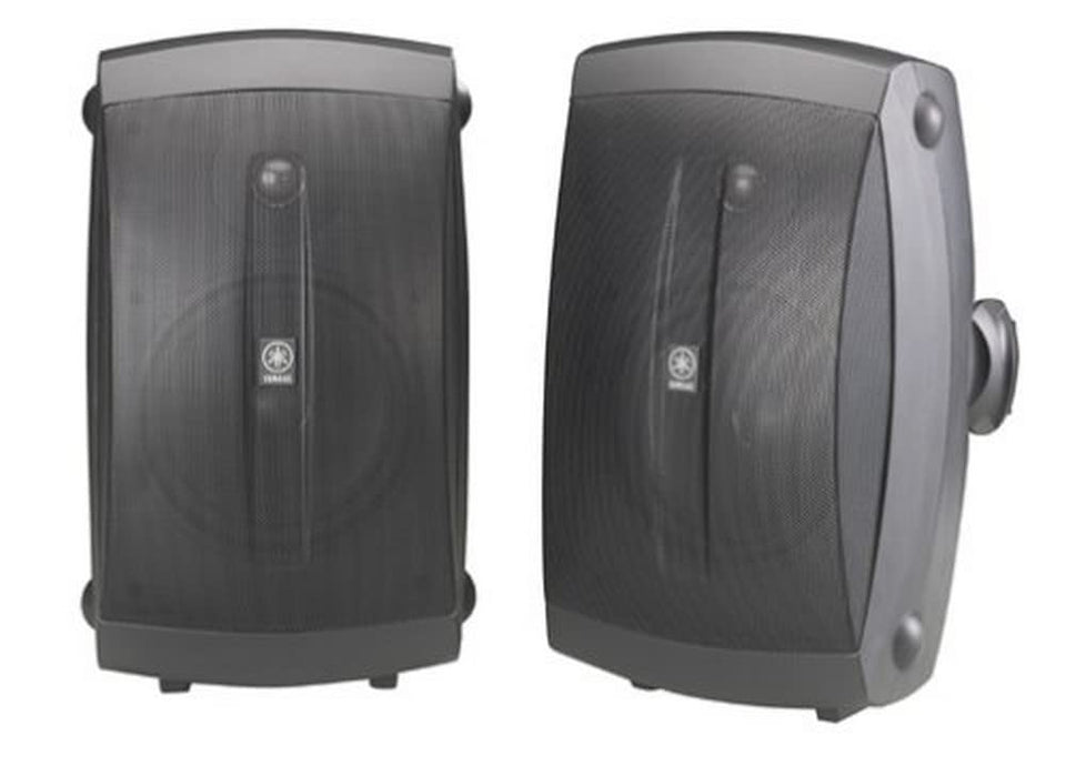 Yamaha NS-AW350B outdoor pair on a deck for weather-ready listening.