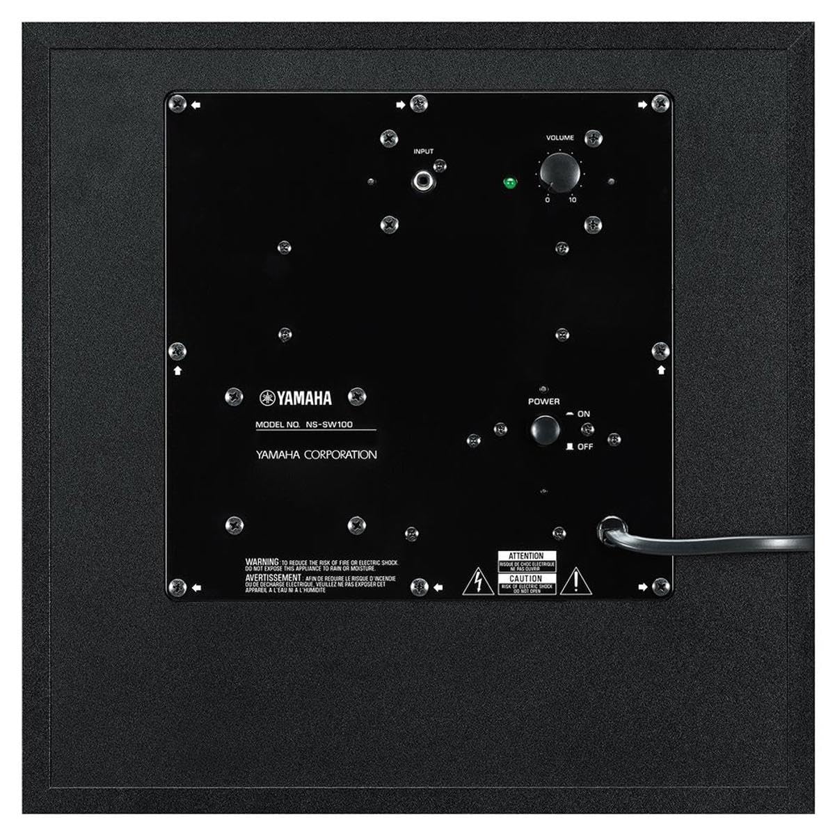 Yamaha NS-SW100BL subwoofer back panel for easy setup and connectivity.