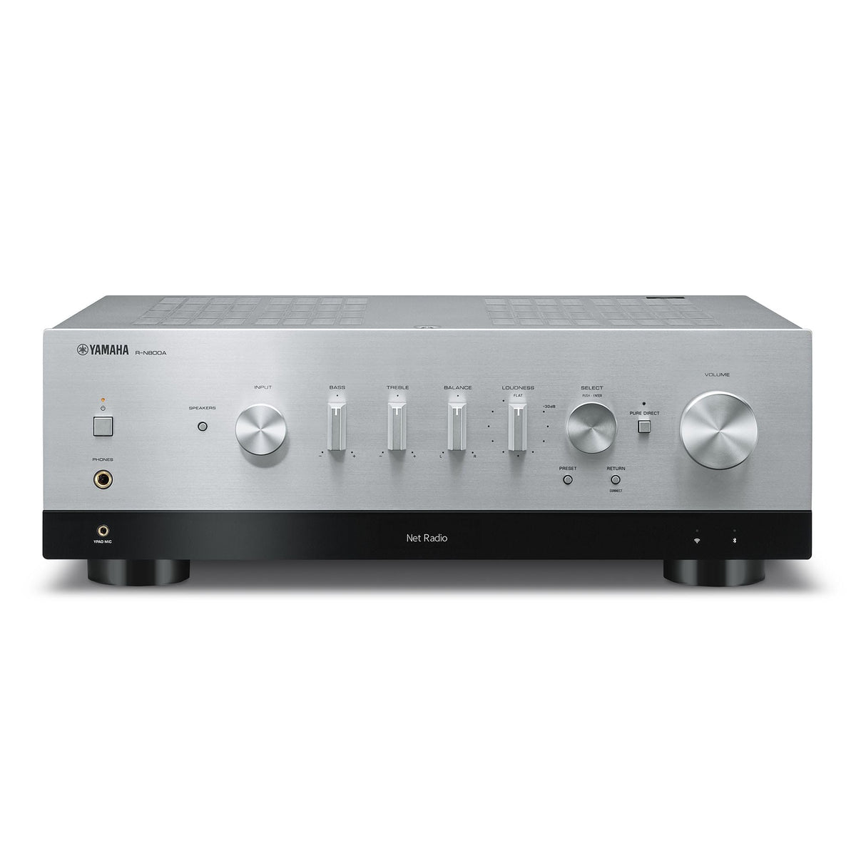 Yamaha R-N800A connection panel in silver highlighting streaming and USB connectivity
