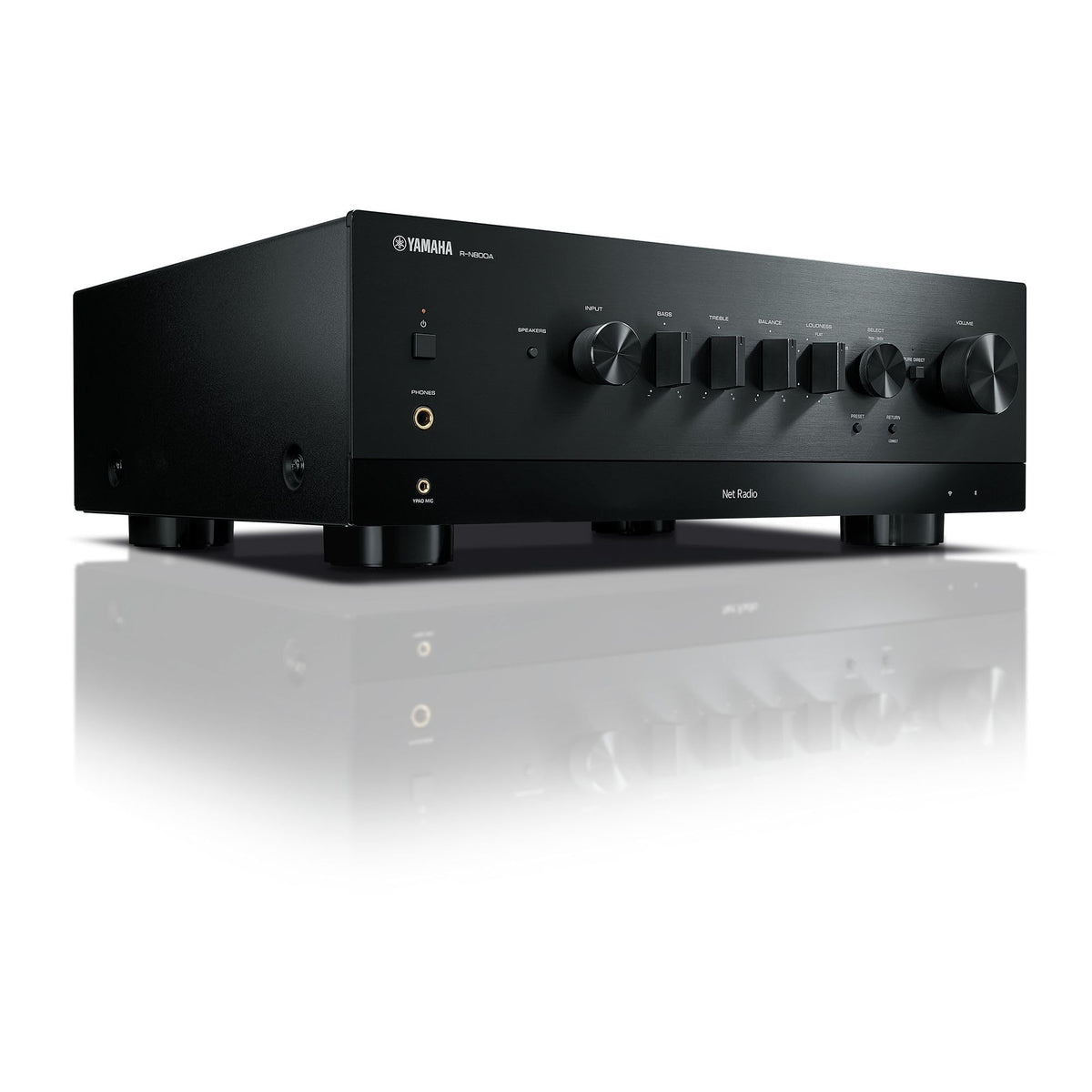 Yamaha R-N800A front view, showcasing clean design and control layout for easy setup