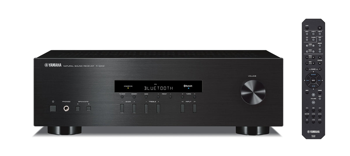 Yamaha R-S202BL front panel with brushed aluminum finish for a sleek home audio setup