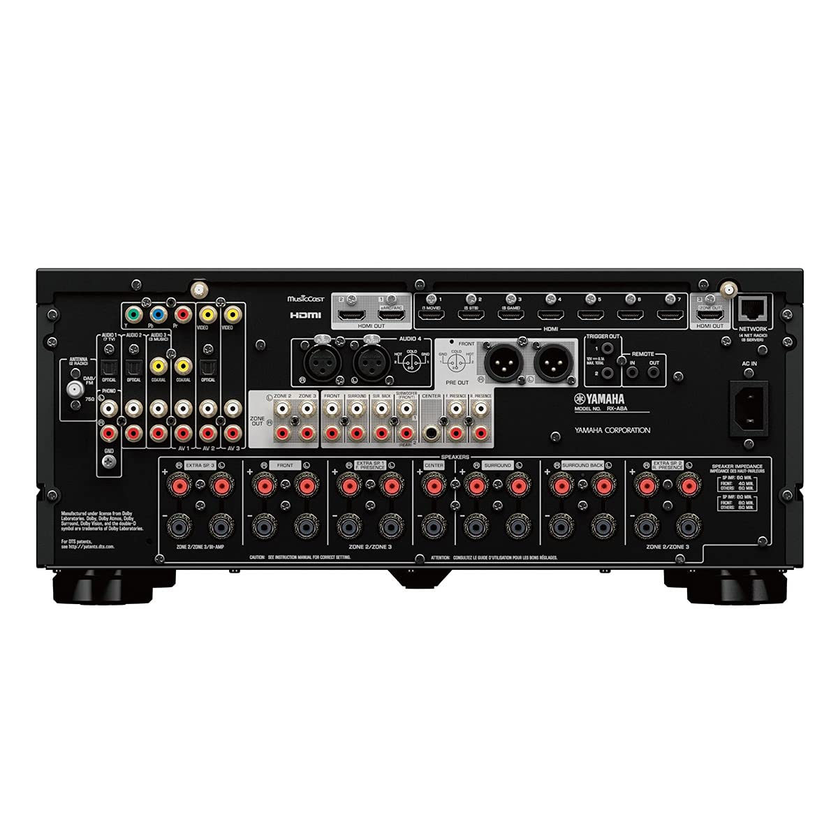 Yamaha RX-A8A Surround AI optimizes sound in real time for ambiance.