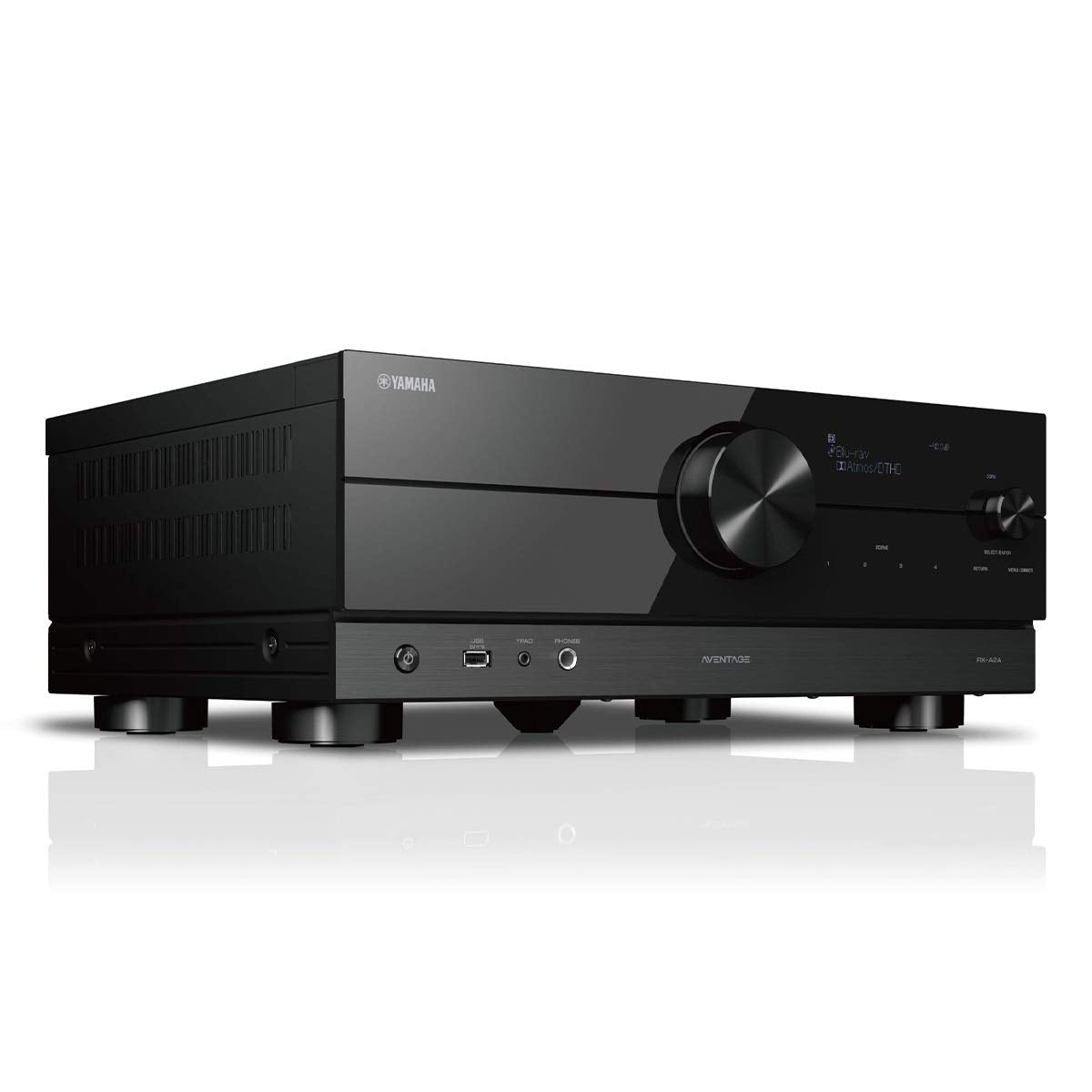 Yamaha RX-A2A front panel with premium controls for easy setup and sound tuning.