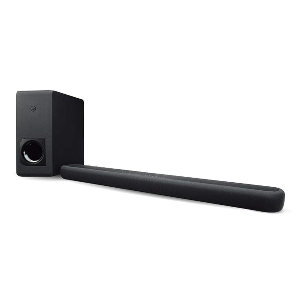 Yamaha YAS-209BL sound bar front view showing slim profile for clear dialogue.