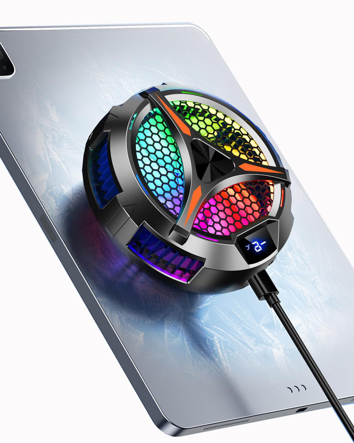 YANISM iPad Cooler front view with LED display and cooling lights.