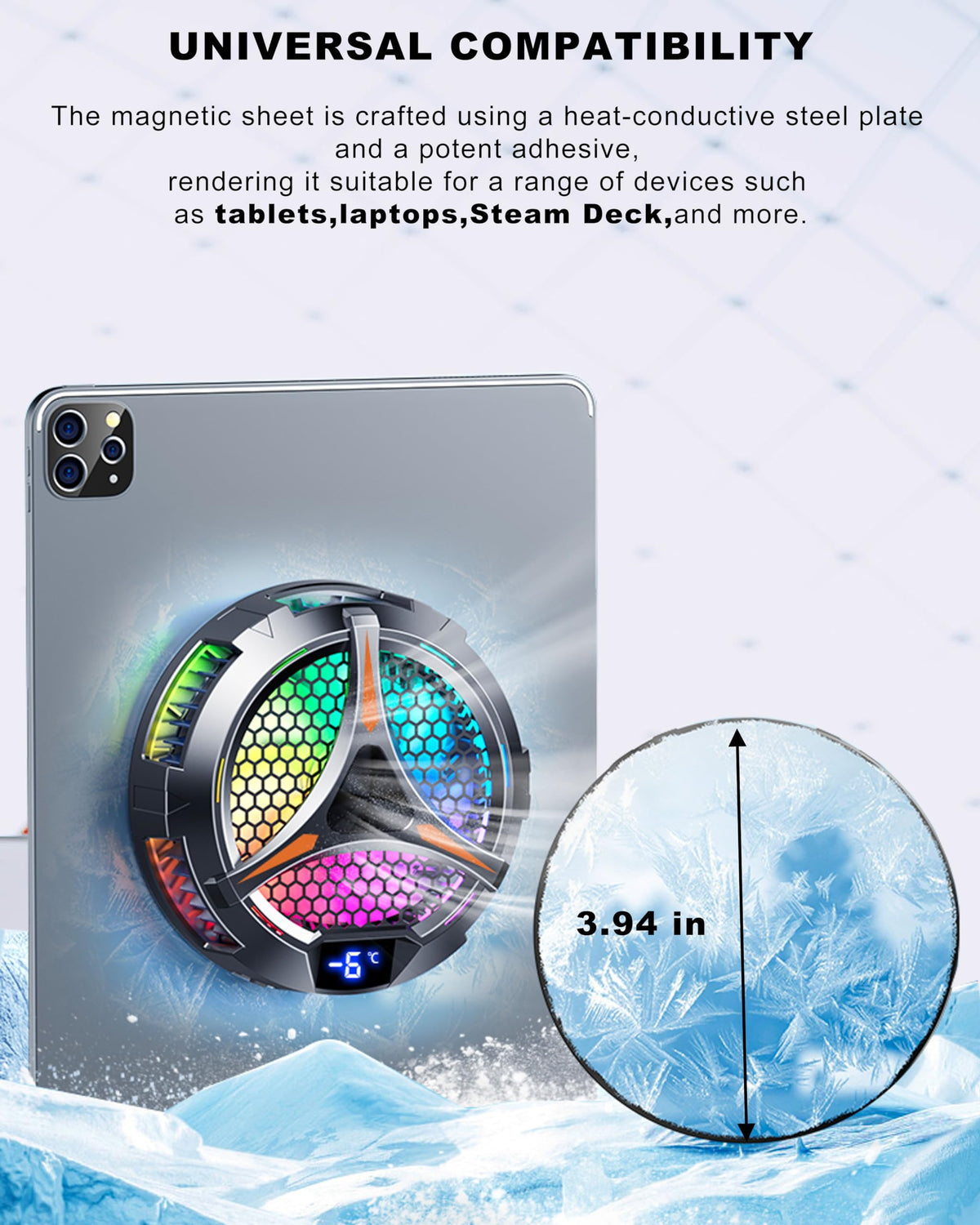 YANISM iPad Cooler LED display and two-stage cooling modes.