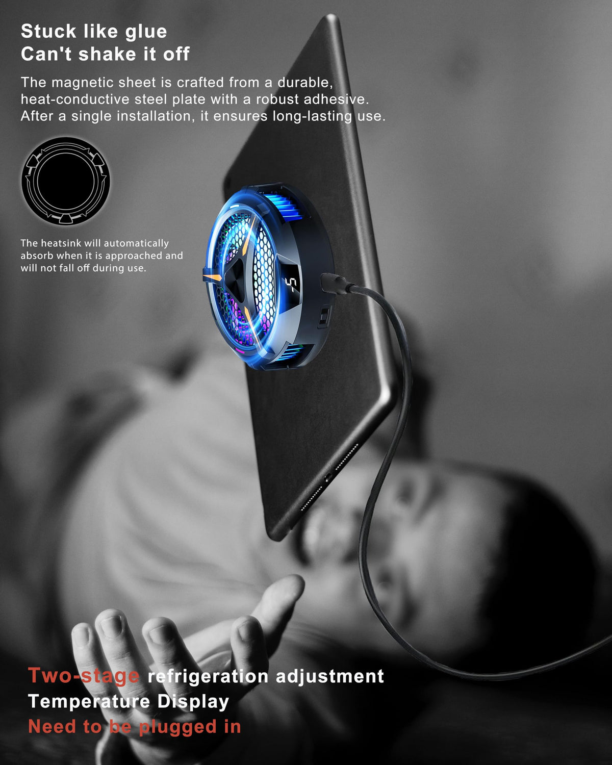 YANISM iPad Cooler top view shows magnetic suction and compact form.