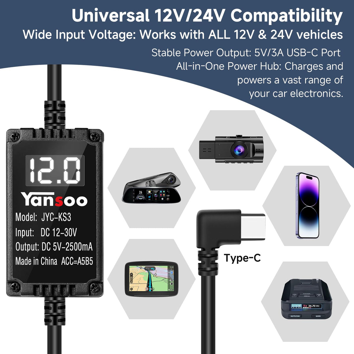 Yansoo hardwire kit powers 12V–24V vehicles to 5V devices reliably