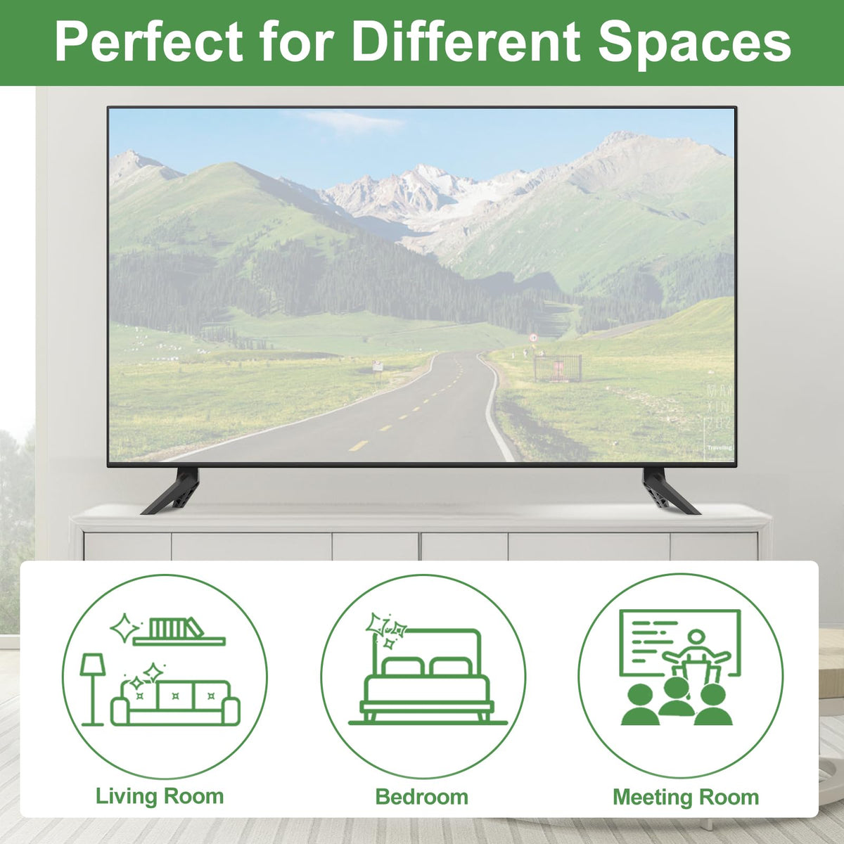 Yaotieci TV in living room on wood cabinet showing stable, elegant setup