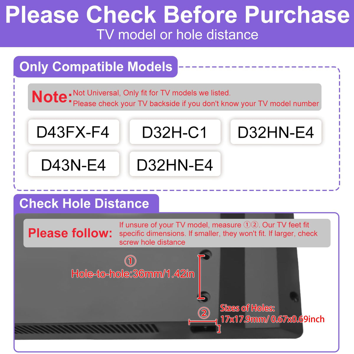 Yaotieci Vizio D32HN-E4 legs secure your TV on any surface