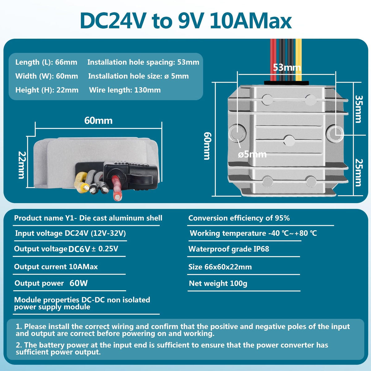 YAXIGE label and specs close-up showing input/output ratings and efficiency for correct system matching