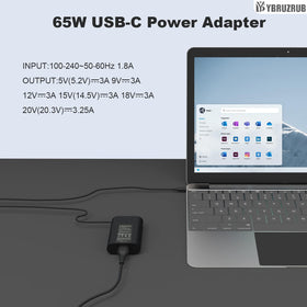 YBRUZRUB 65W USB-C charger for Dell, side view highlights streamlined USB-C port access
