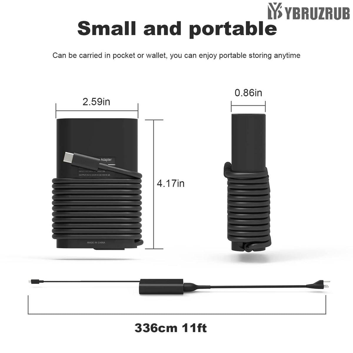 YBRUZRUB 65W USB-C charger travel-ready with 100-240V input
