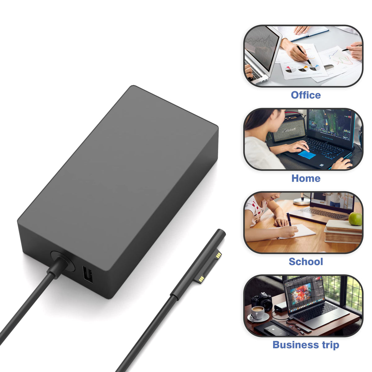 YBRUZRUB 65W charger in use with a Surface Pro on a desk
