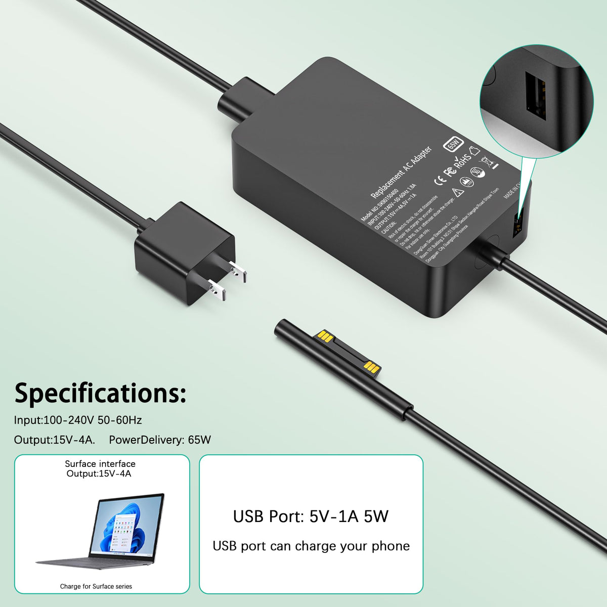 YBRUZRUB Surface Pro Charger USB port provides 5W for mobile charging.