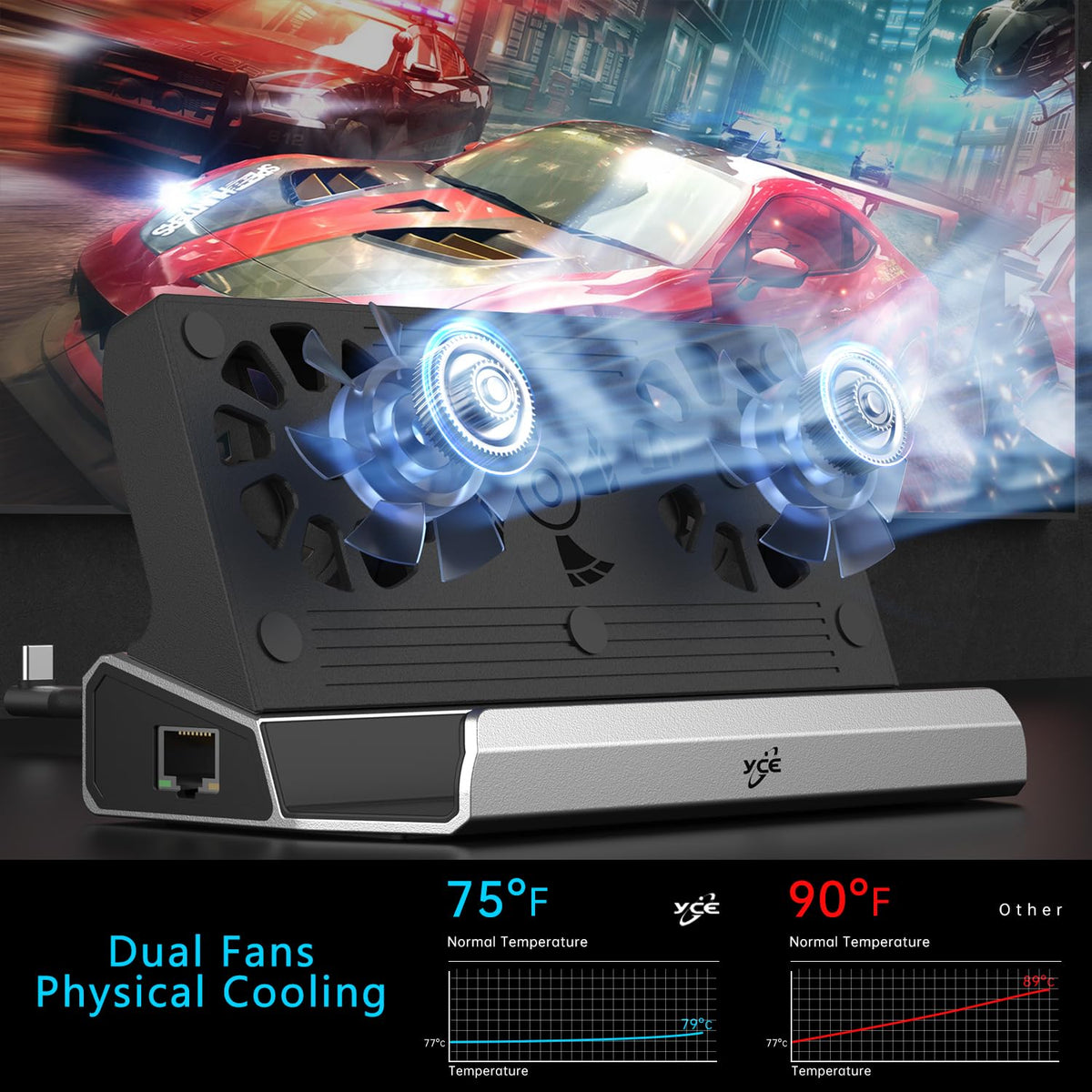 YCBUENO dock with console mounted on stand in use, keeps device stable and cool