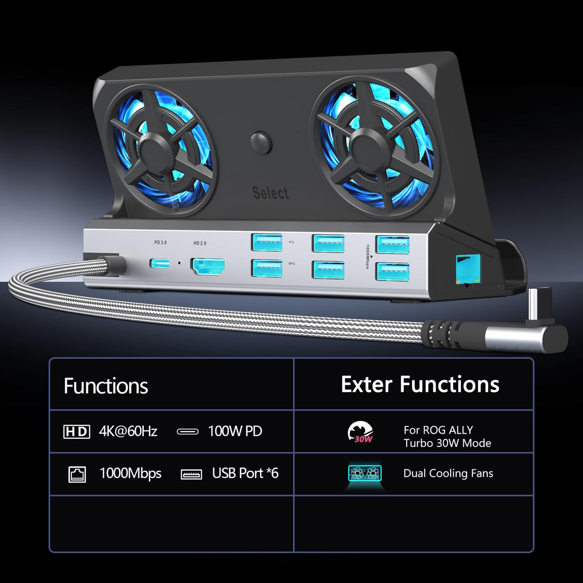 YCBUENO close-up of dual 5cm fans illustrating quiet powerful cooling performance