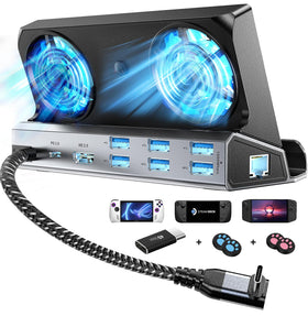YCBUENO dock front view showing ports and RGB fans for organized desktop connectivity