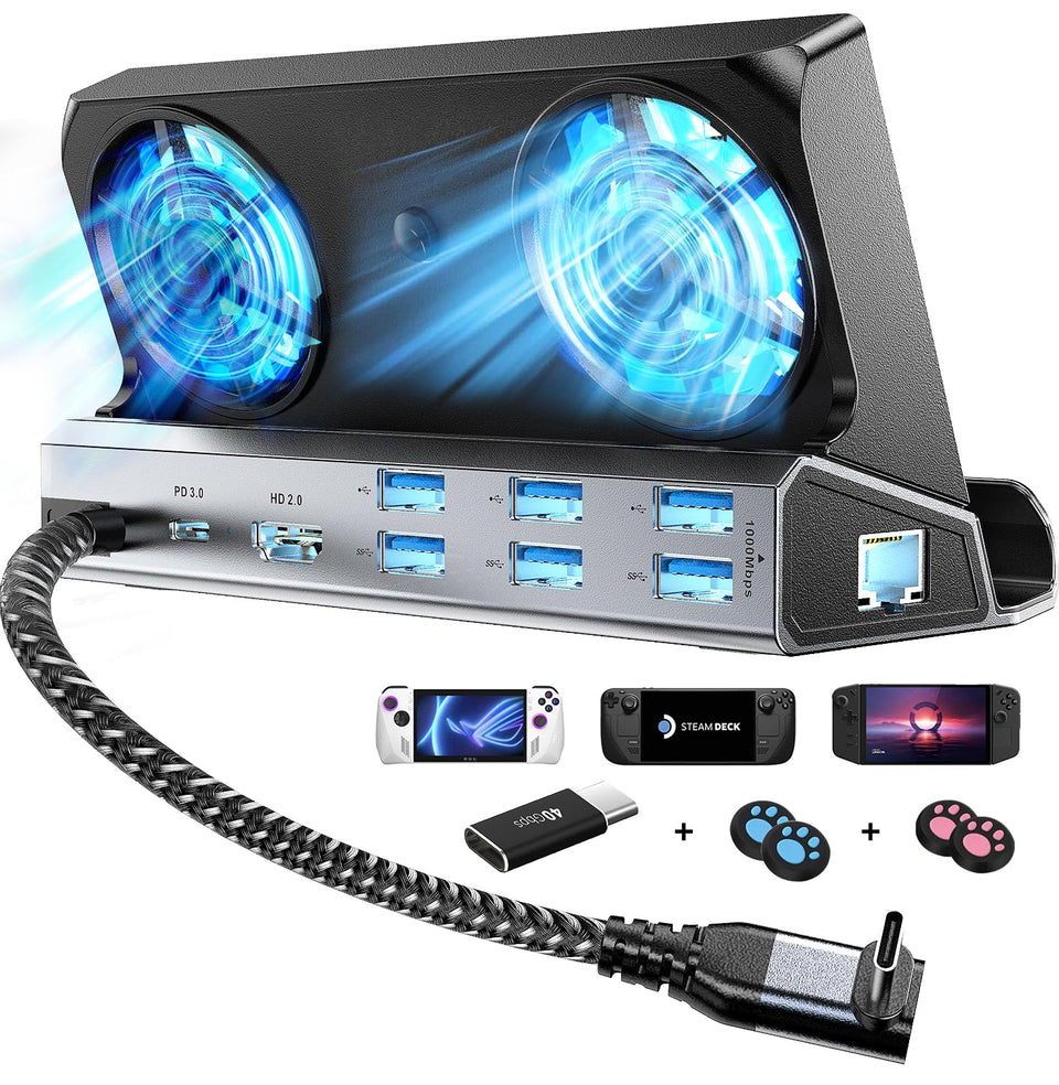 YCBUENO dock front view showing ports and RGB fans for organized desktop connectivity
