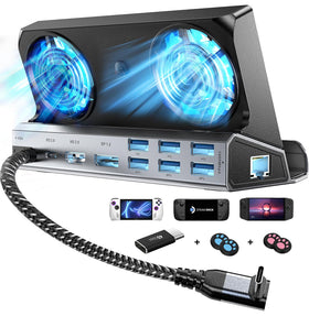 YCBUENO front view of dock showing ports and RGB fans, improves connectivity