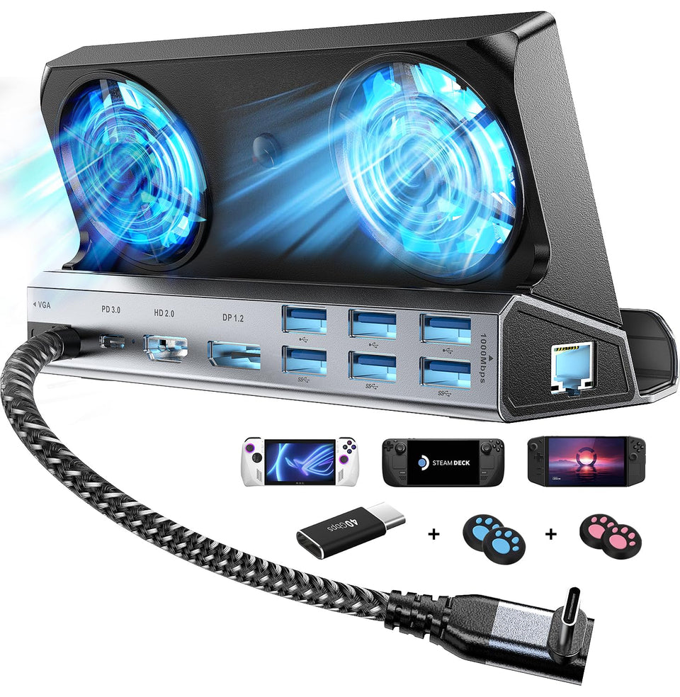 YCBUENO front view of dock showing ports and RGB fans, improves connectivity