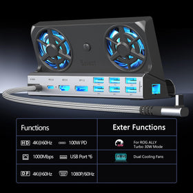YCBUENO rear ports close-up showing HDMI, DP, Ethernet and USB, enables multiple connections