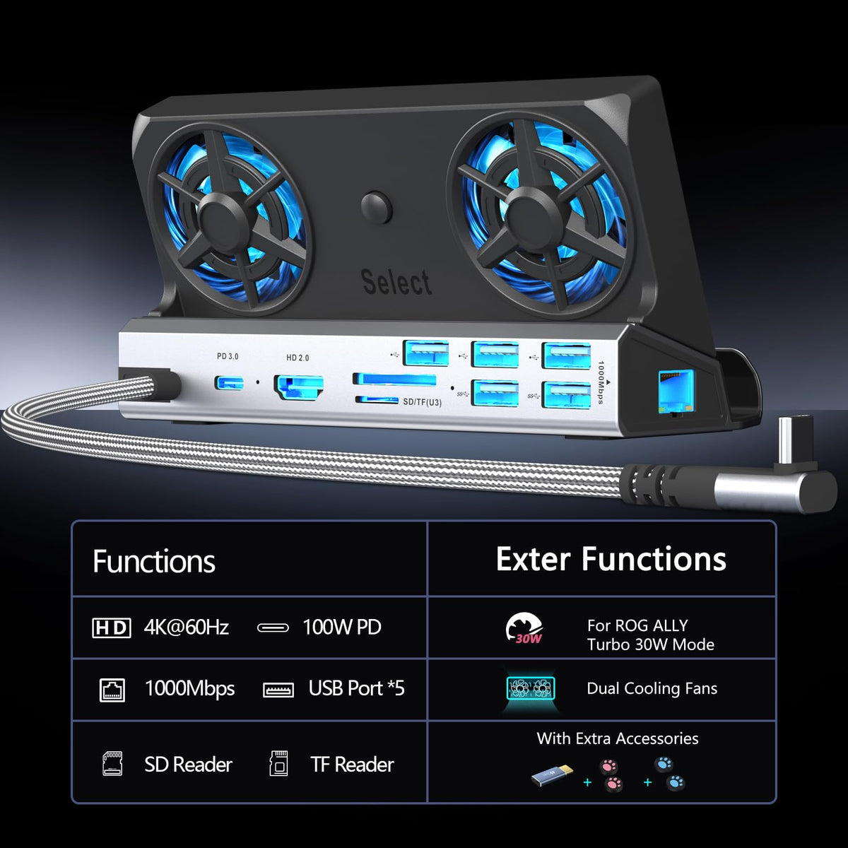 YCBUENO YCE top view of dual RGB fans cooling the device, ensures stable performance