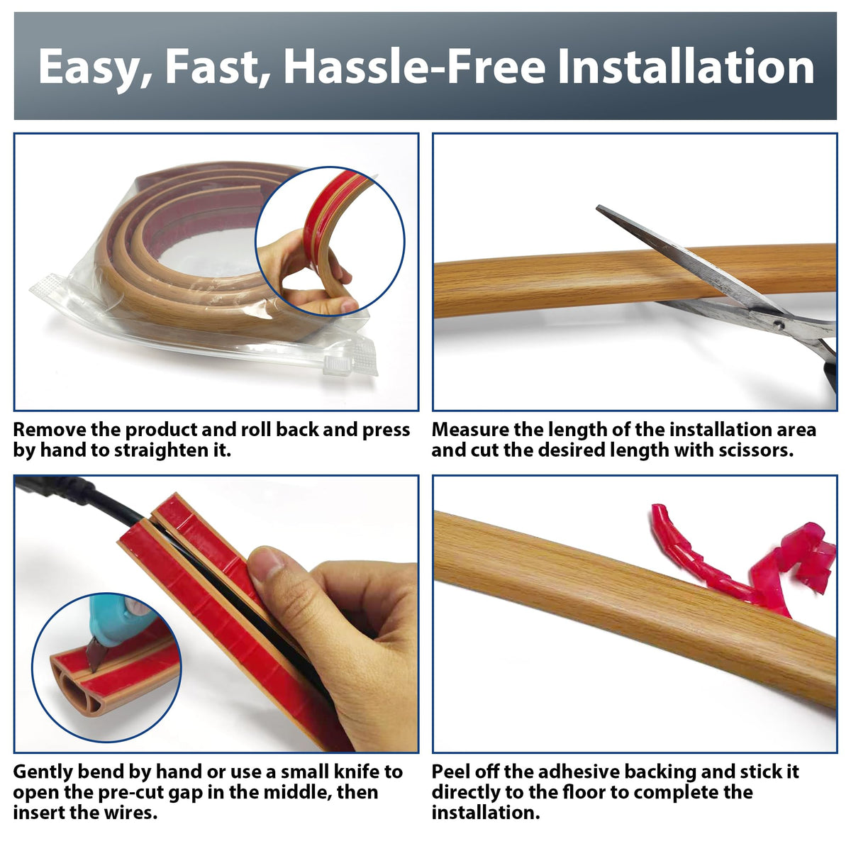 YCLYC adhesive cord protector on floor demonstrates quick peel-and-stick installation.