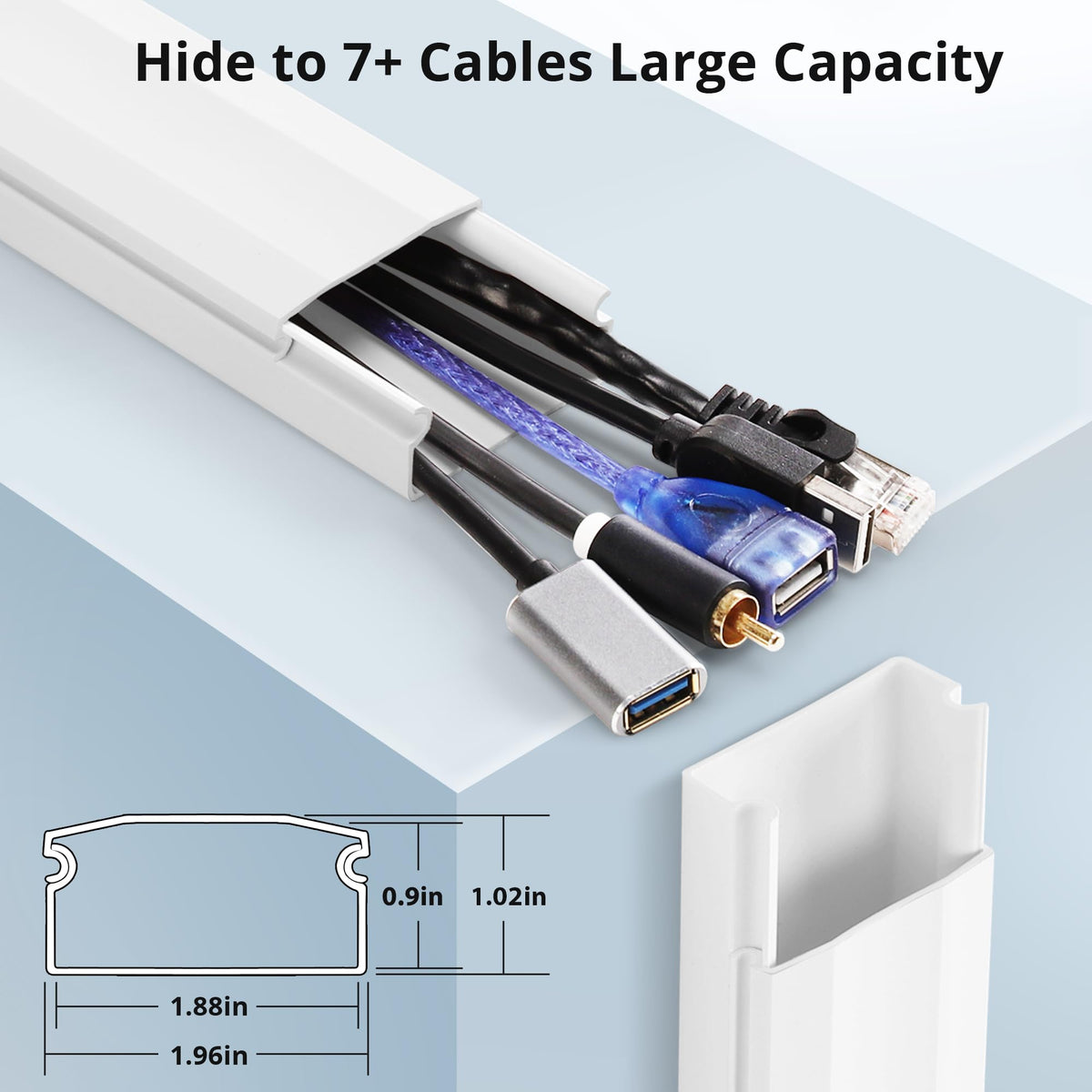 YCLYC XL channel cord cover shows large internal space for multiple cables behind a mounted TV.