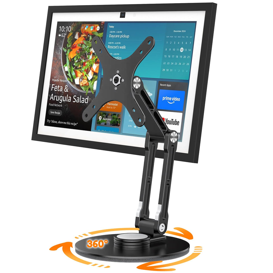 YCNEW front view of stand holding Echo Show 15 showing clean profile and stability