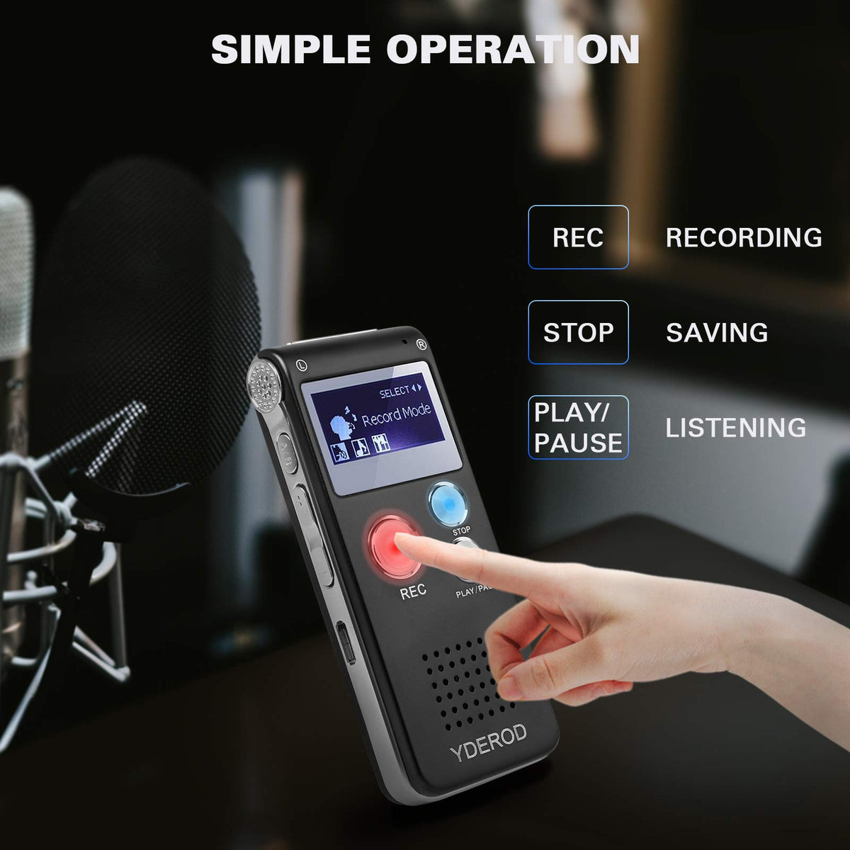 YDEROD 8GB recorder side buttons, easy one-handed operation during meetings.