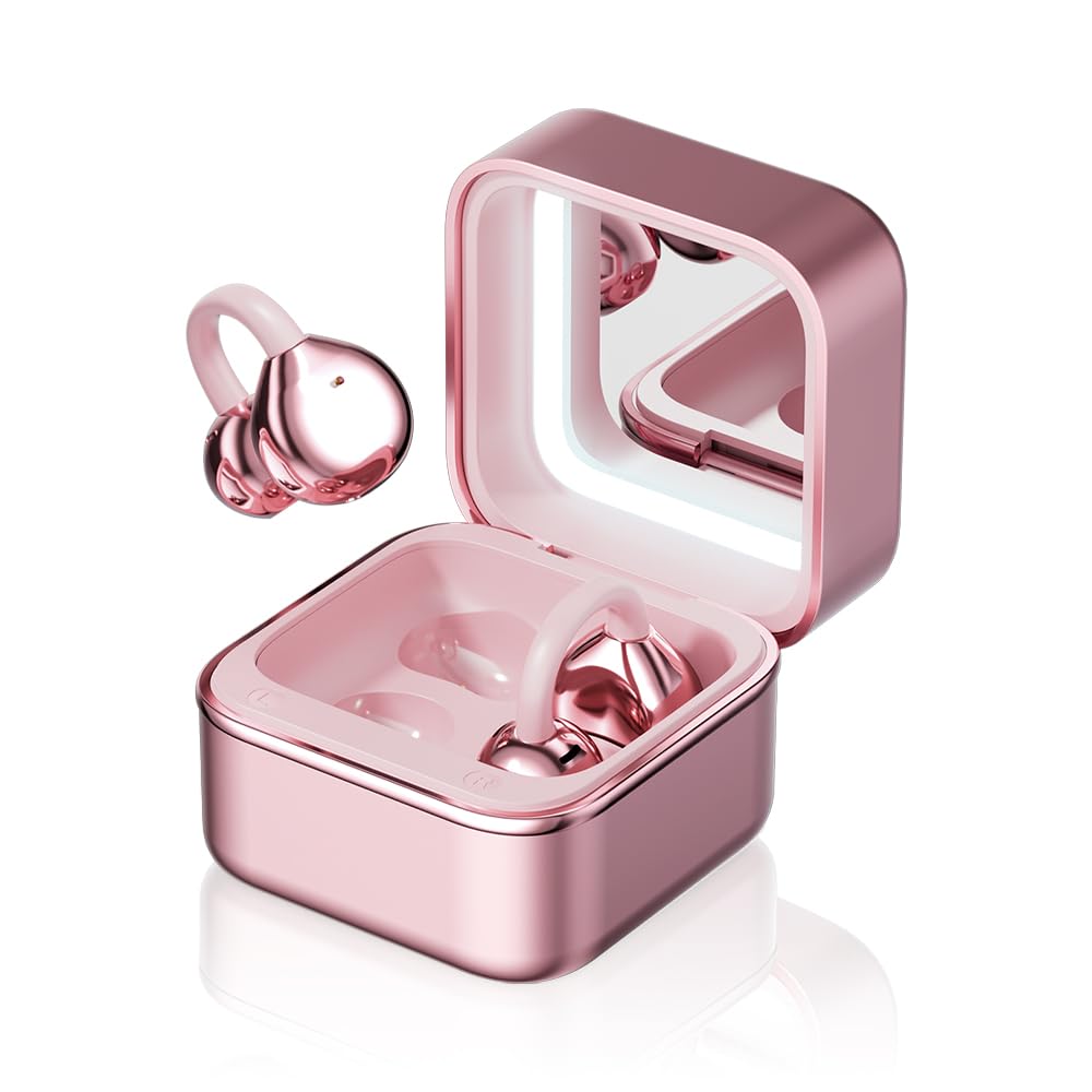 Yeabomy clip-on ear headphones with makeup mirror for quick touch-ups and music